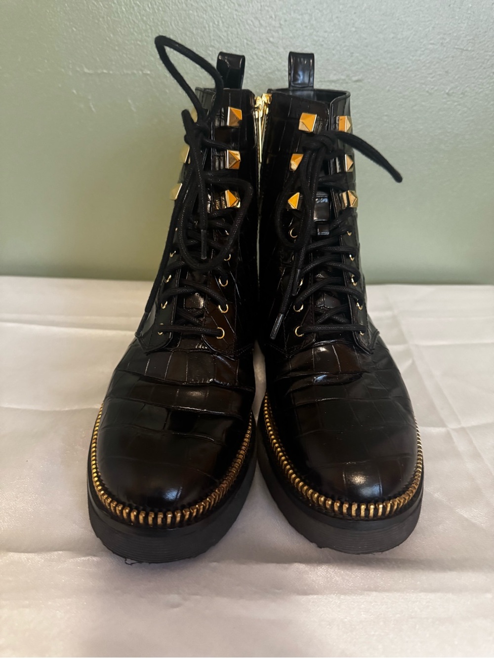 MICHAEL Michael Kors Black Croc Embossed Studded Combat Boots Size 7M